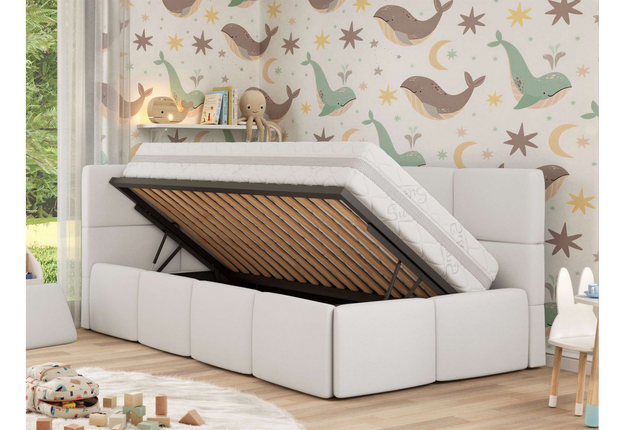 Łóżko dziecięce ARVO ALTA 90x200 - materac multipocket - biały, ekoskóra - strona lewa