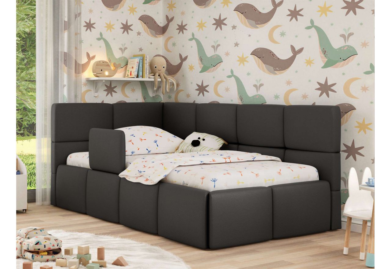 Łóżko dziecięce ARVO ALTA 90x200 - materac multipocket - szary, ekoskóra - strona lewa