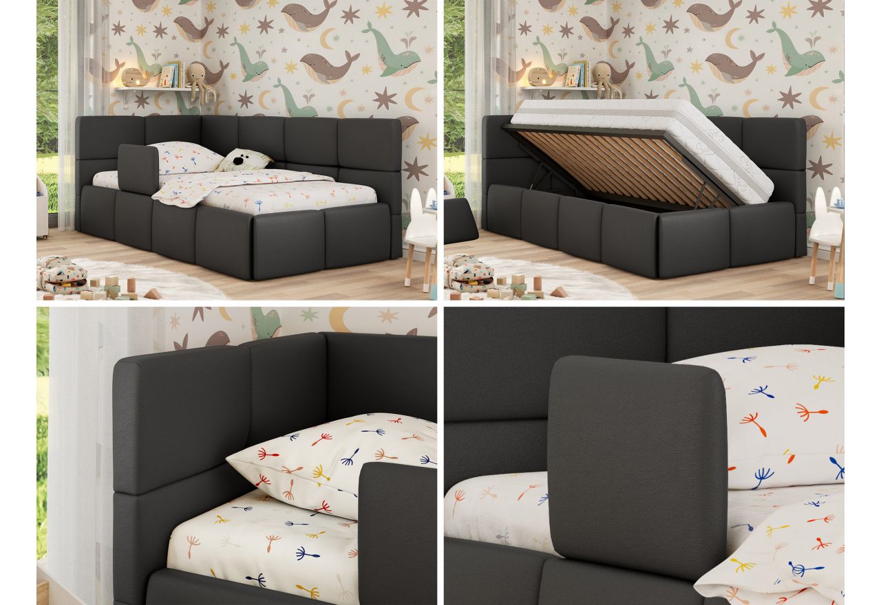 Łóżko dziecięce ARVO ALTA 90x200 - materac multipocket - szary, ekoskóra - strona lewa