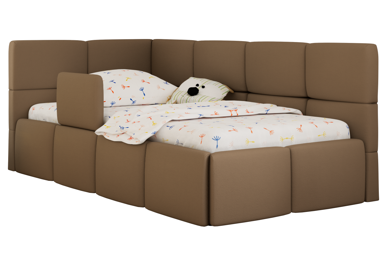 Łóżko dziecięce ARVO ALTA 90x200 - materac piankowy - brązowy, ekoskóra - strona lewa