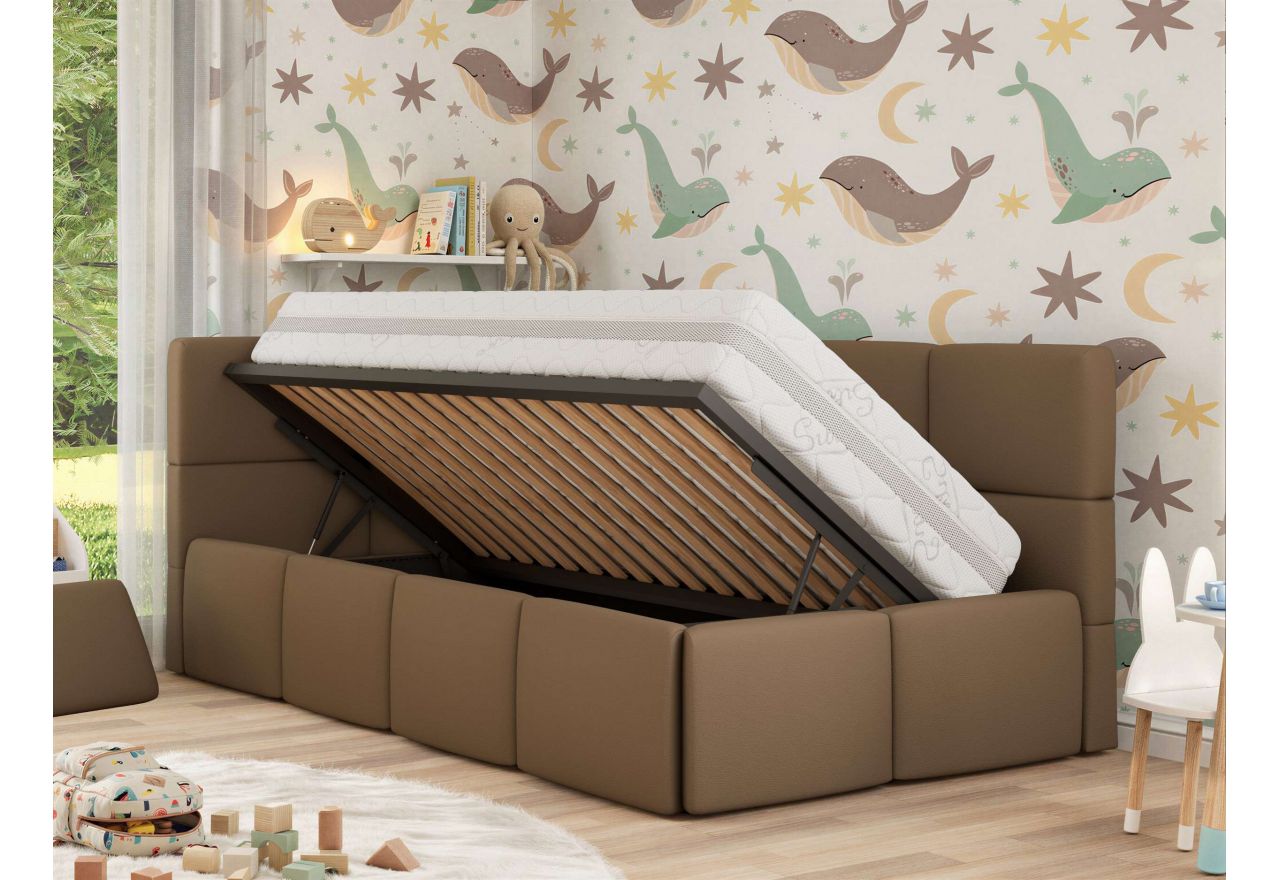 Łóżko dziecięce ARVO ALTA 90x200 - materac pocket - brązowy, ekoskóra - strona lewa