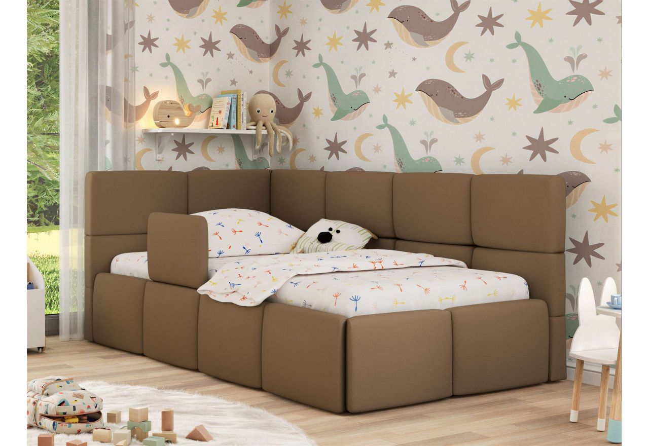 Łóżko dziecięce ARVO ALTA 90x200 - materac multipocket - brązowy, ekoskóra - strona lewa