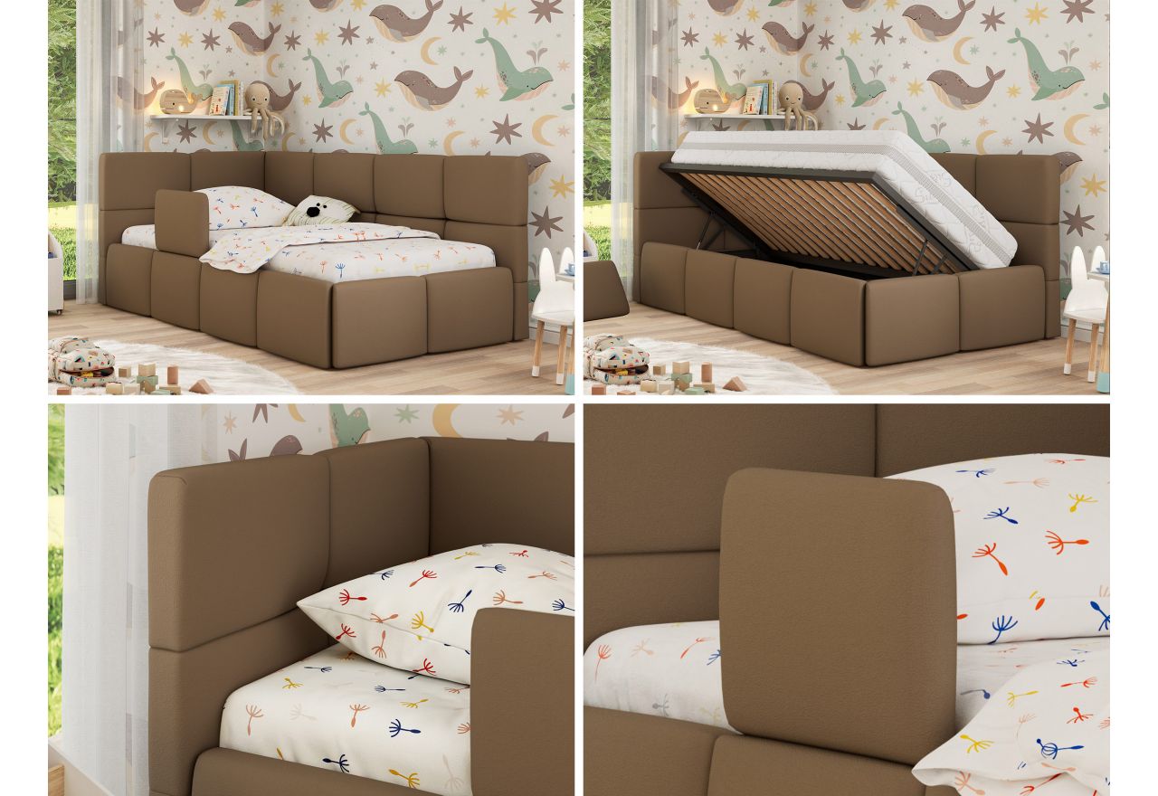 Łóżko dziecięce ARVO ALTA 90x200 - materac multipocket - brązowy, ekoskóra - strona lewa