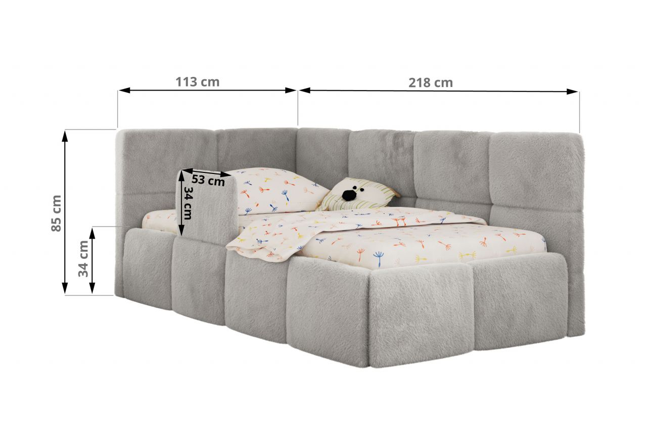 Łóżko dziecięce ARVO ALTA 90x200 - materac pocket - jasnoszary, plusz - strona prawa