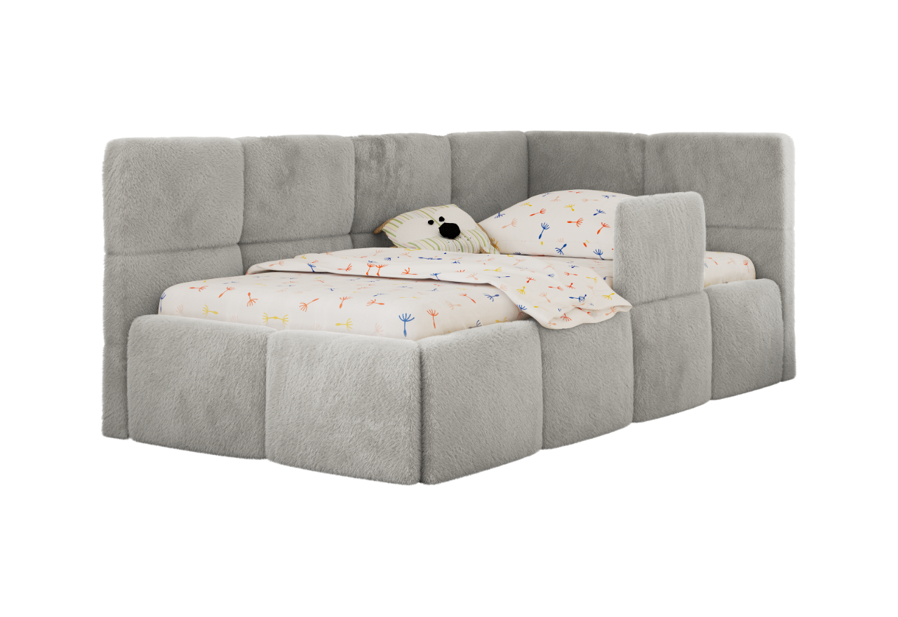 Łóżko dziecięce ARVO ALTA 90x200 - materac multipocket - jasnoszary, plusz - strona prawa