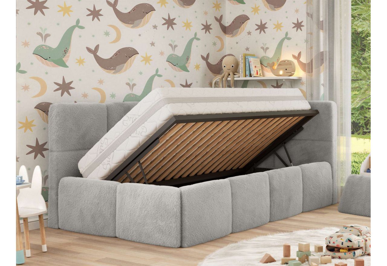 Łóżko dziecięce ARVO ALTA 90x200 - materac multipocket - jasnoszary, plusz - strona prawa