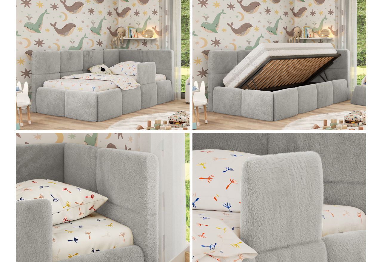 Łóżko dziecięce ARVO ALTA 90x200 - materac multipocket - jasnoszary, plusz - strona prawa