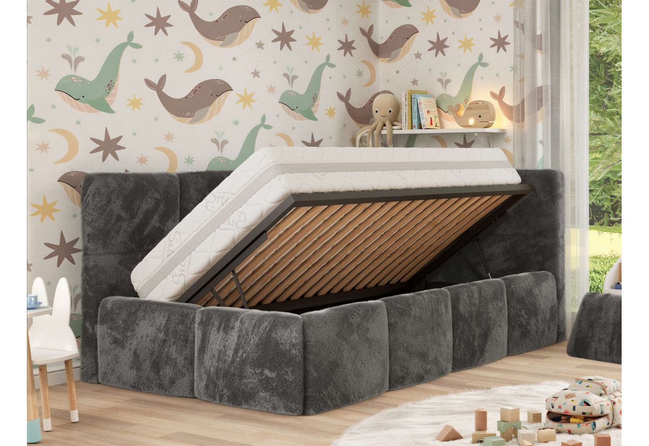 Łóżko dziecięce ARVO ALTA 90x200 - materac multipocket - ciemnoszary, plusz - strona prawa