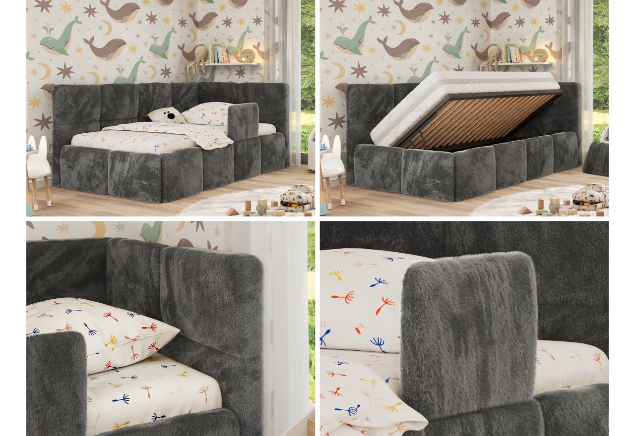 Łóżko dziecięce ARVO ALTA 90x200 - materac multipocket - ciemnoszary, plusz - strona prawa