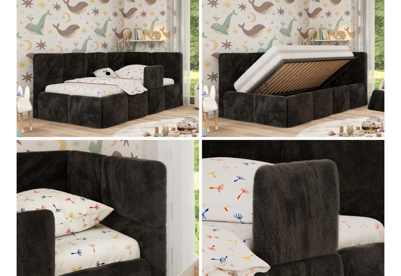Łóżko dziecięce ARVO ALTA 90x200 - materac pocket - czarny, plusz - strona prawa