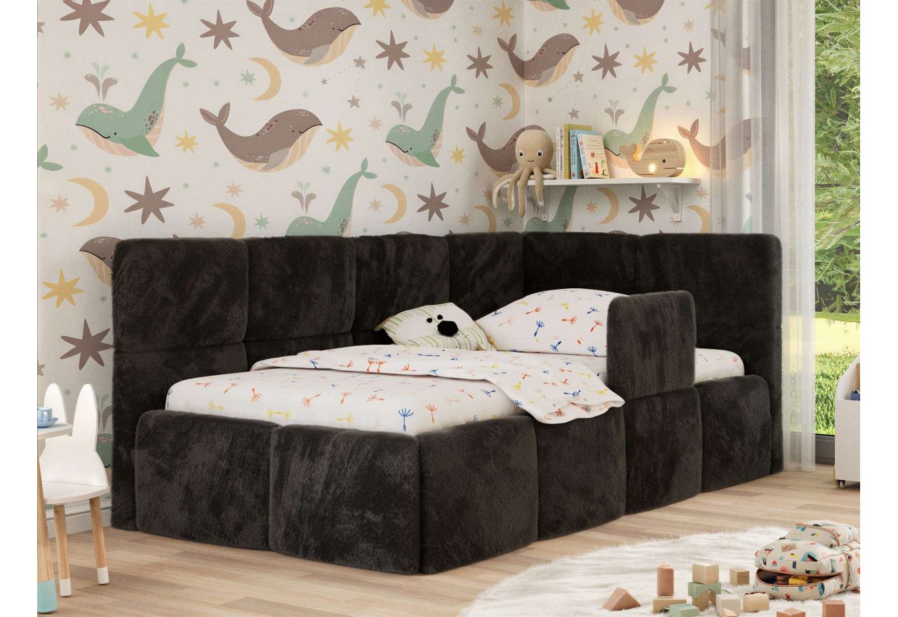 Łóżko dziecięce ARVO ALTA 90x200 - materac multipocket - czarny, plusz - strona prawa