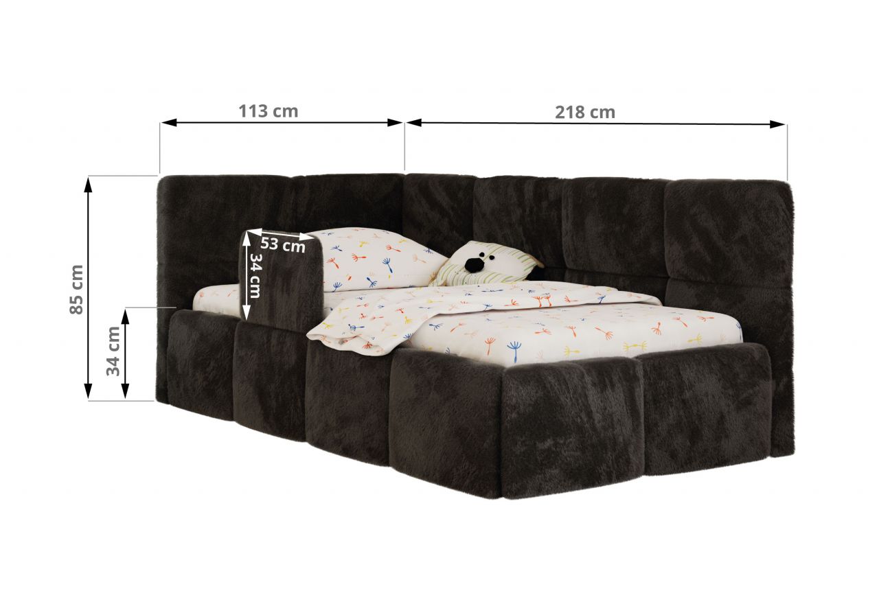 Łóżko dziecięce ARVO ALTA 90x200 - materac multipocket - czarny, plusz - strona prawa
