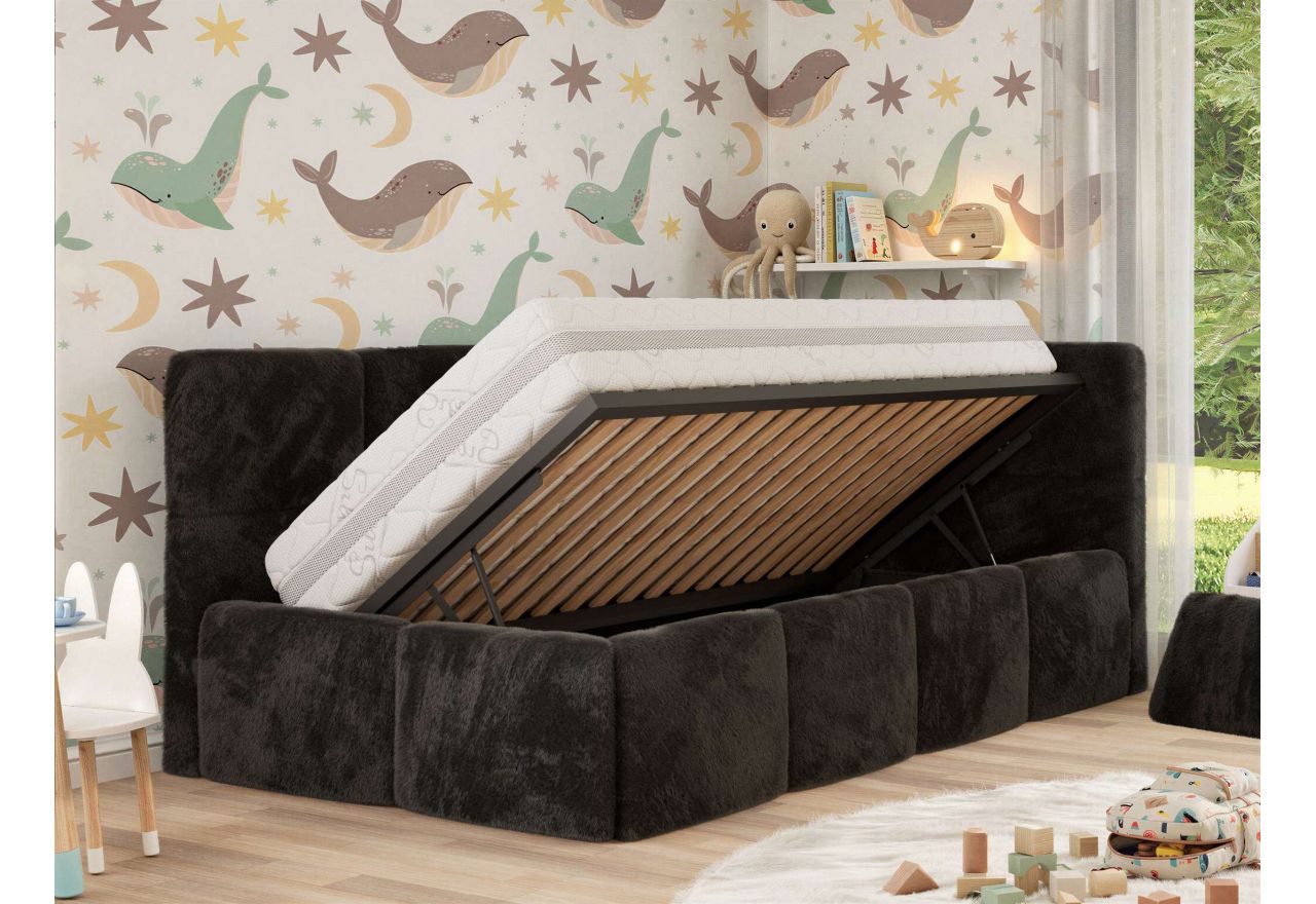 Łóżko dziecięce ARVO ALTA 90x200 - materac multipocket - czarny, plusz - strona prawa