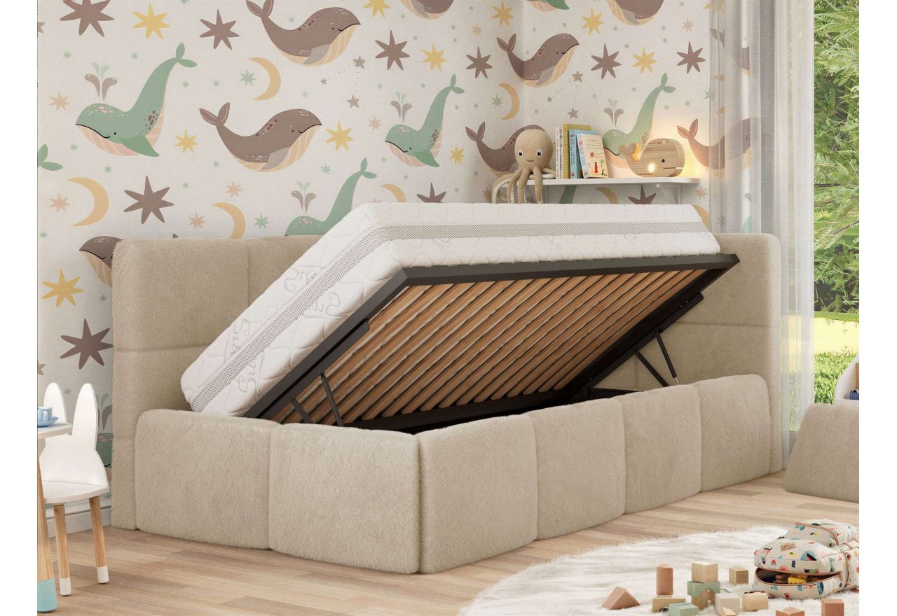 Łóżko dziecięce ARVO ALTA 90x200 - materac pocket - kremowy, plusz - strona prawa