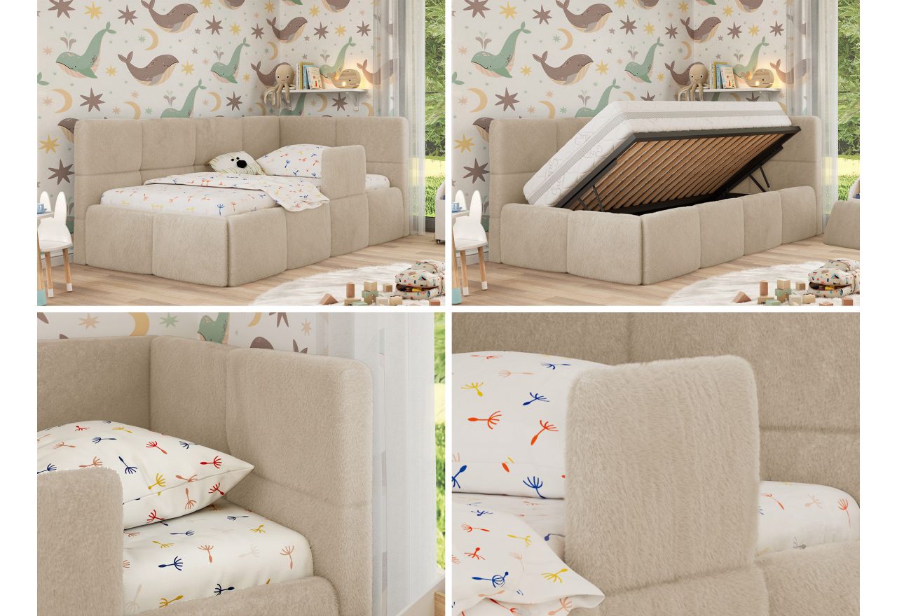 Łóżko dziecięce ARVO ALTA 90x200 - materac pocket - kremowy, plusz - strona prawa