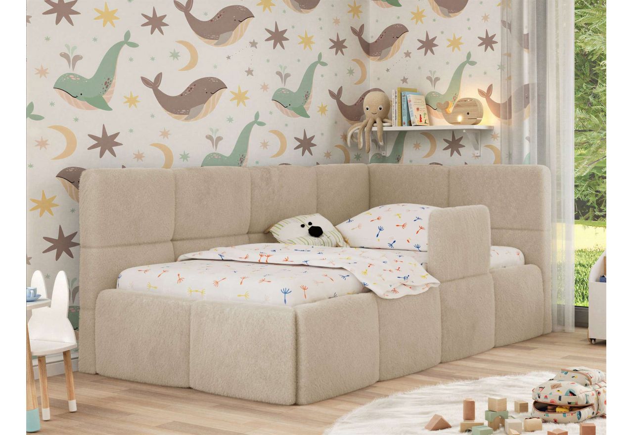 Łóżko dziecięce ARVO ALTA 90x200 - materac multipocket - kremowy, plusz - strona prawa