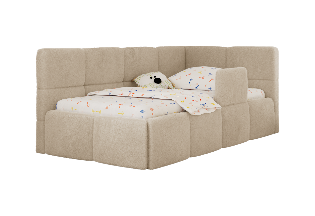 Łóżko dziecięce ARVO ALTA 90x200 - materac multipocket - kremowy, plusz - strona prawa