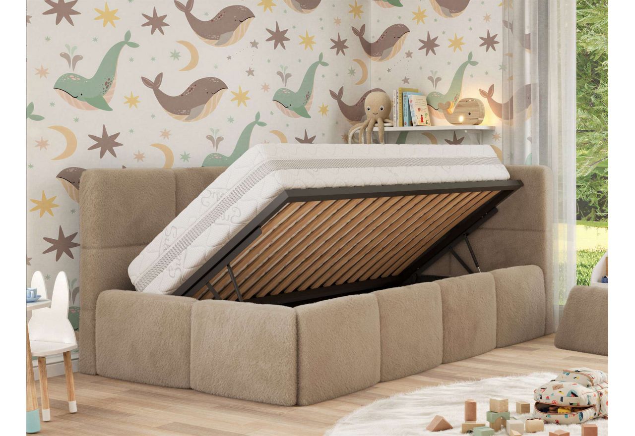 Łóżko dziecięce ARVO ALTA 90x200 - materac pocket - beżowy, plusz - strona prawa