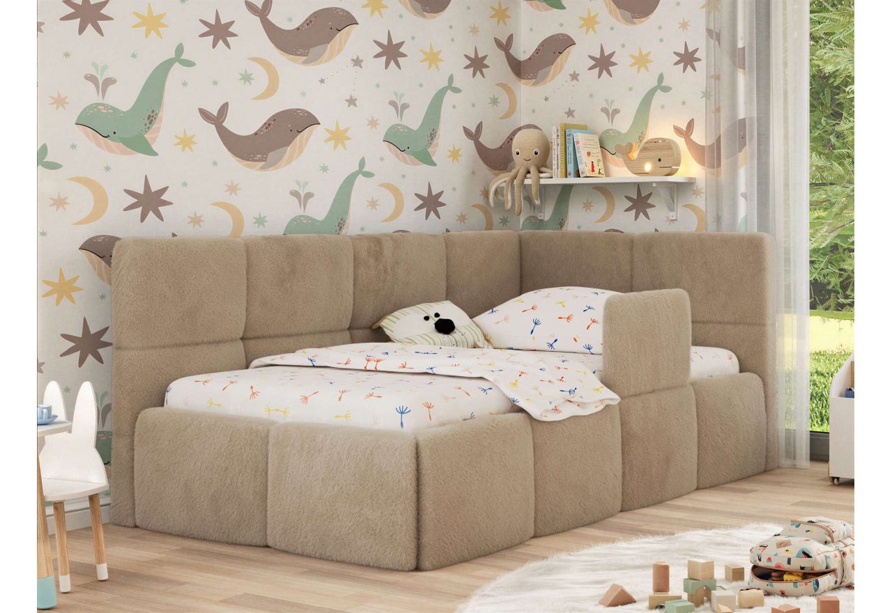 Łóżko dziecięce ARVO ALTA 90x200 - materac multipocket - beżowy, plusz - strona prawa
