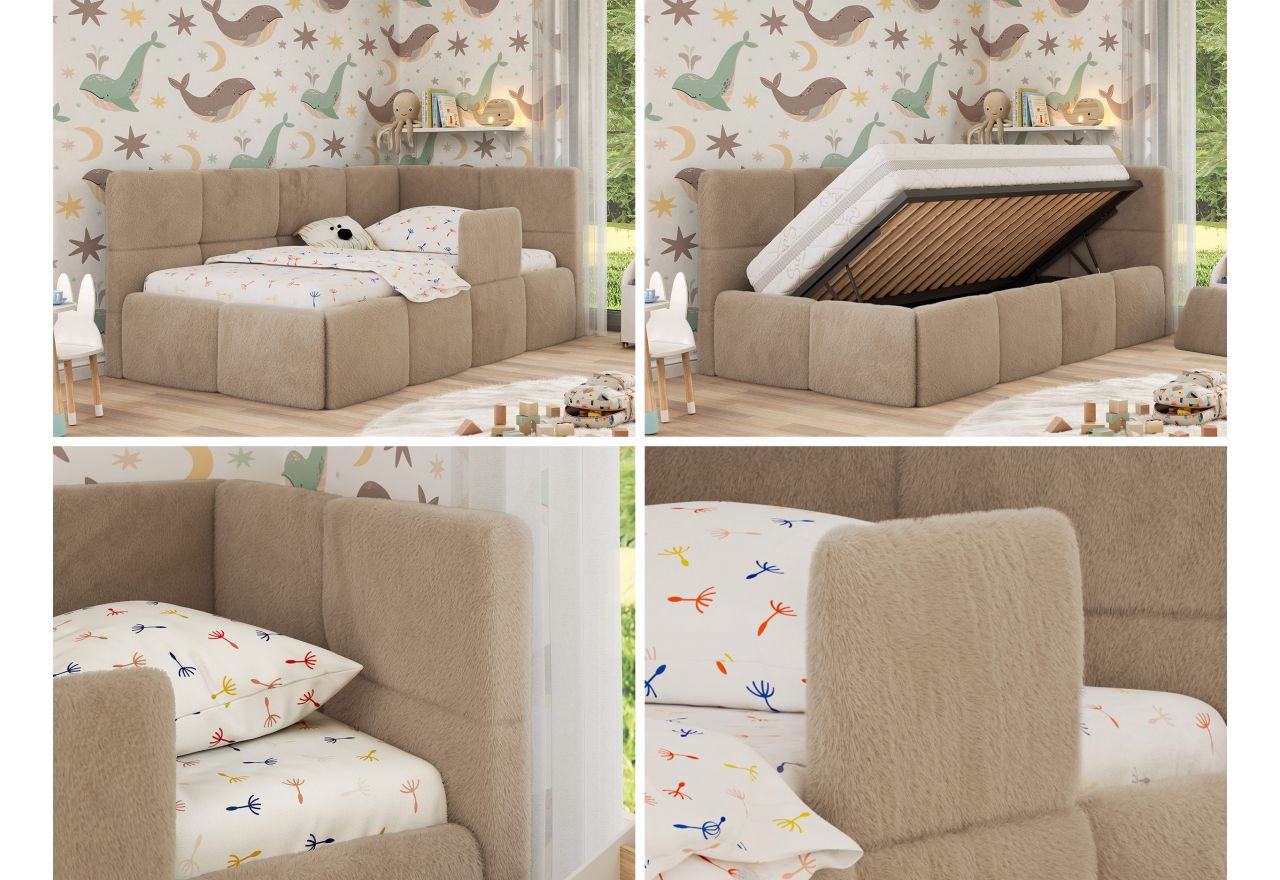 Łóżko dziecięce ARVO ALTA 90x200 - materac multipocket - beżowy, plusz - strona prawa