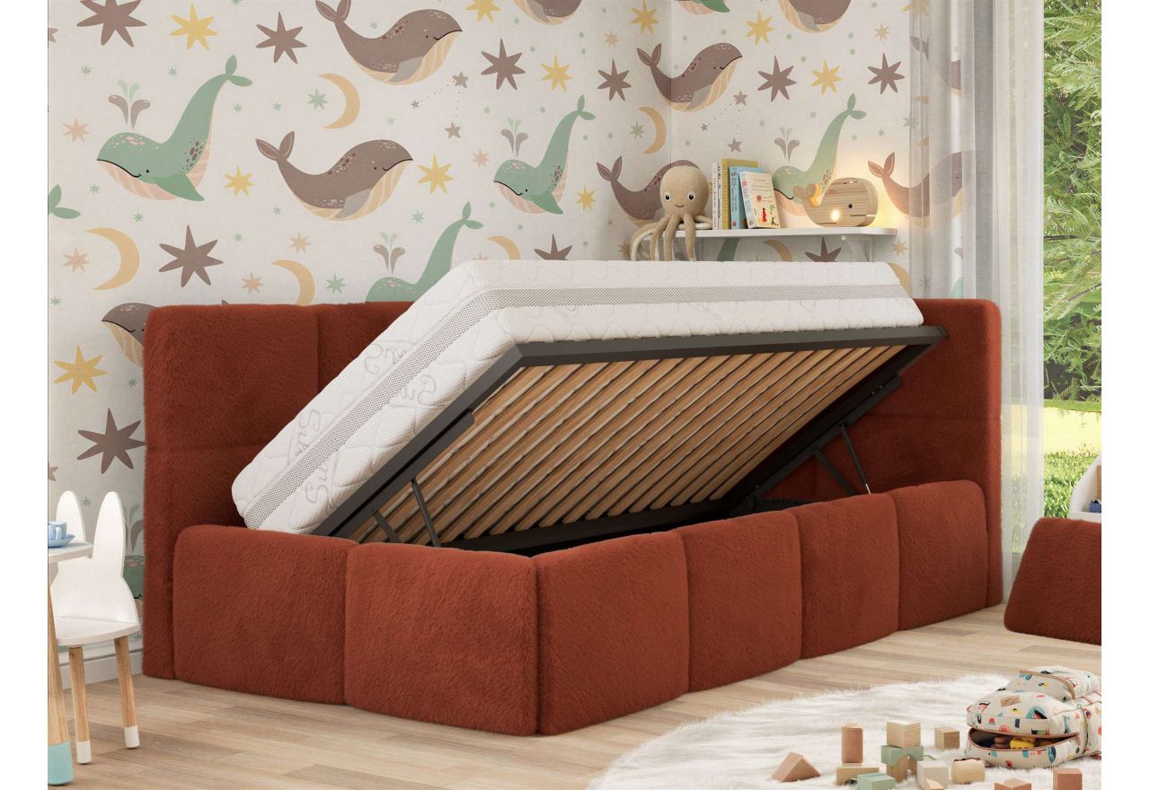 Łóżko dziecięce ARVO ALTA 90x200 - materac multipocket - pomarańczowy, plusz - strona prawa