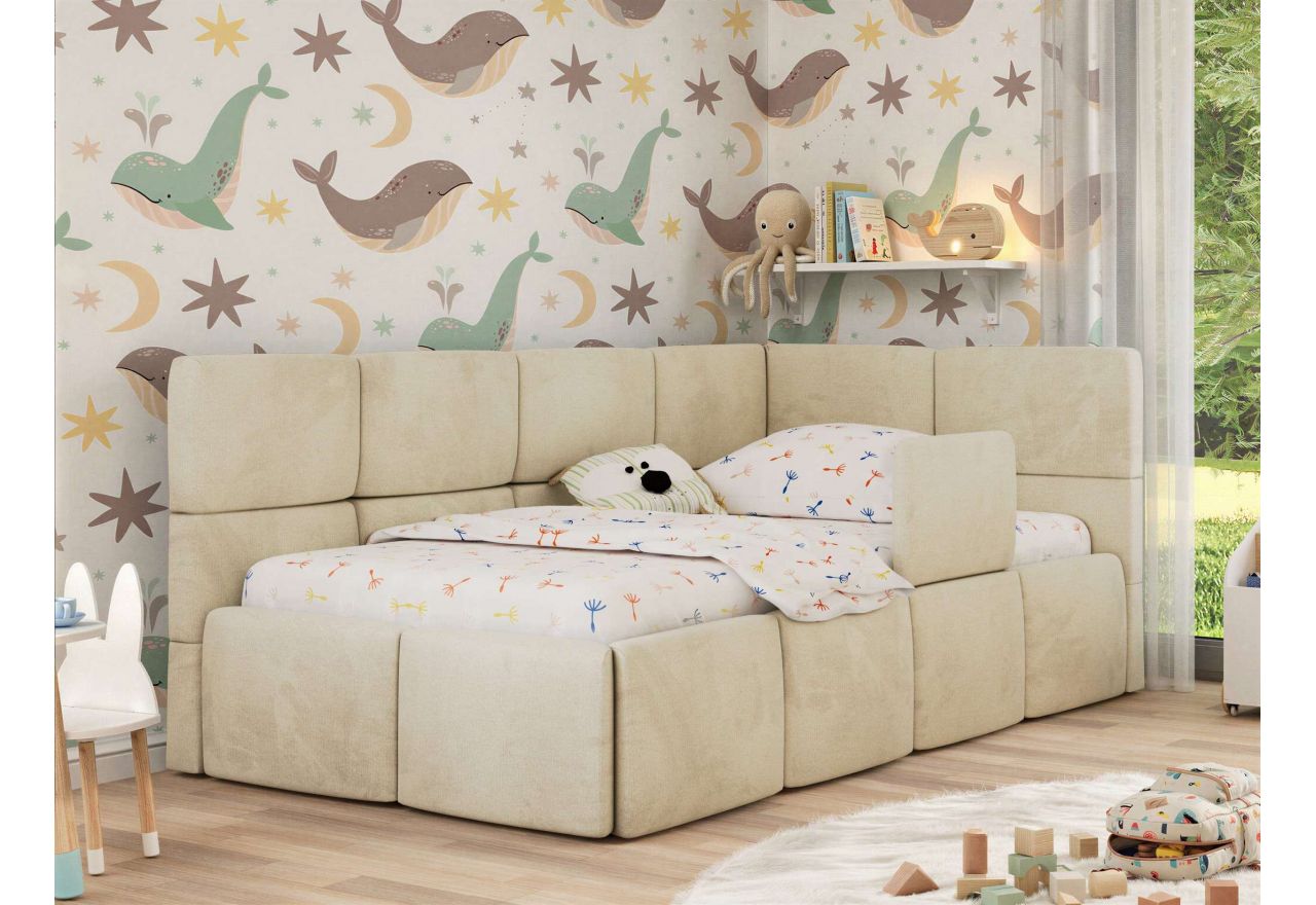 Łóżko dziecięce ARVO ALTA 90x200 - materac piankowy - beżowy, welwet - strona prawa