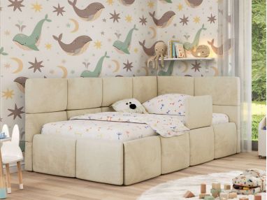 Łóżko dziecięce ARVO ALTA 90x200 - materac pocket - beżowy, welwet - strona prawa