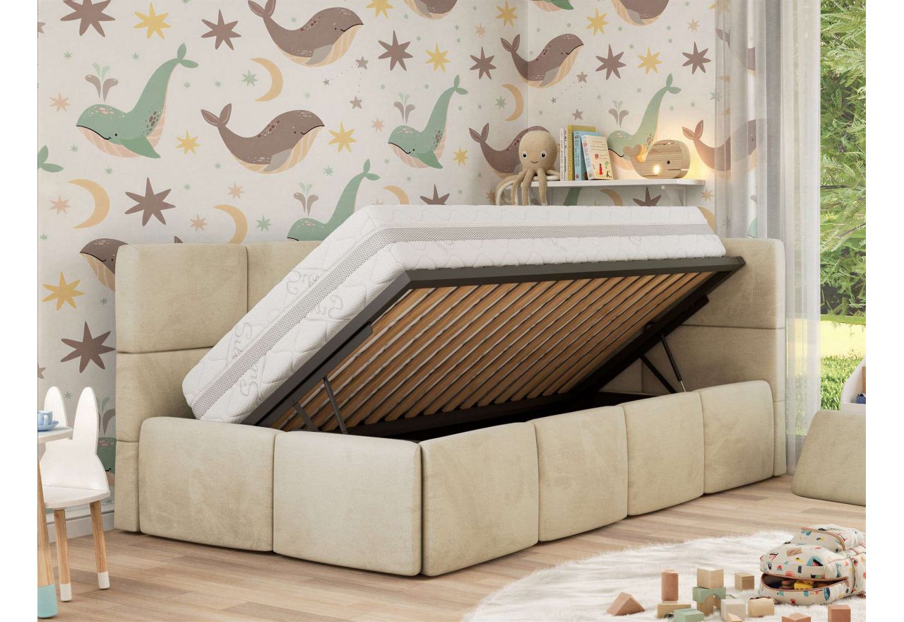 Łóżko dziecięce ARVO ALTA 90x200 - materac multipocket - beżowy, welwet - strona prawa
