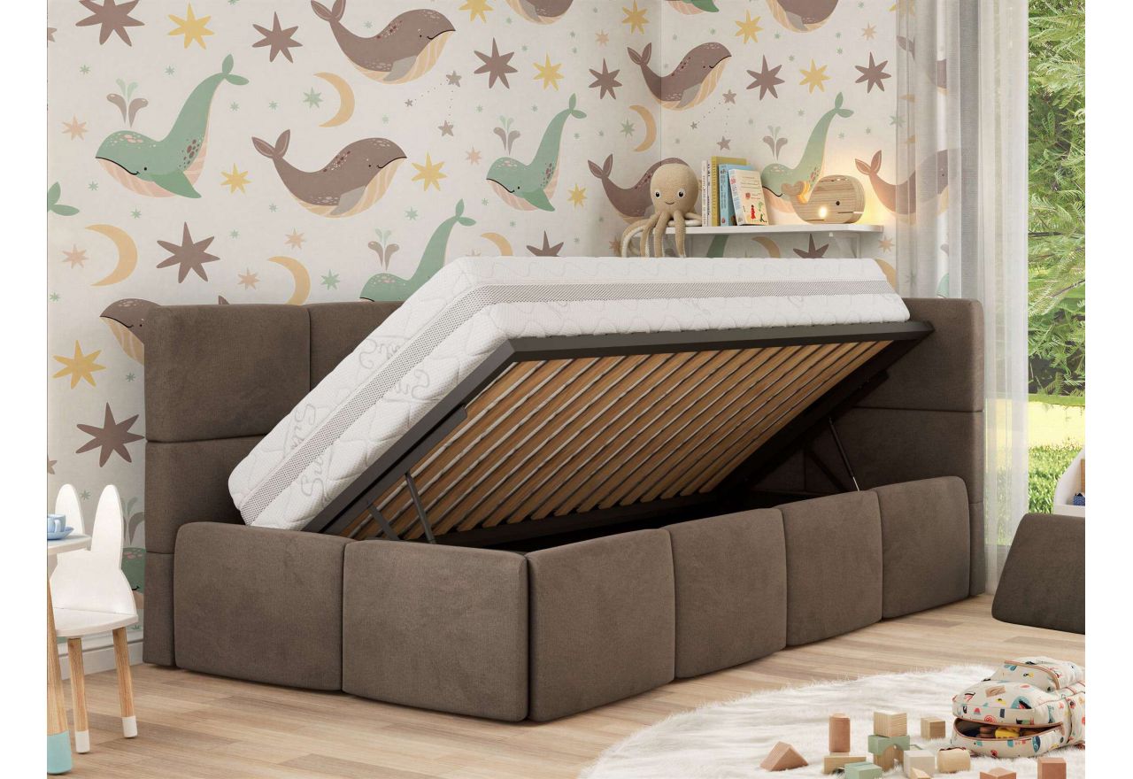 Łóżko dziecięce ARVO ALTA 90x200 - materac pocket - brązowy, welwet - strona prawa