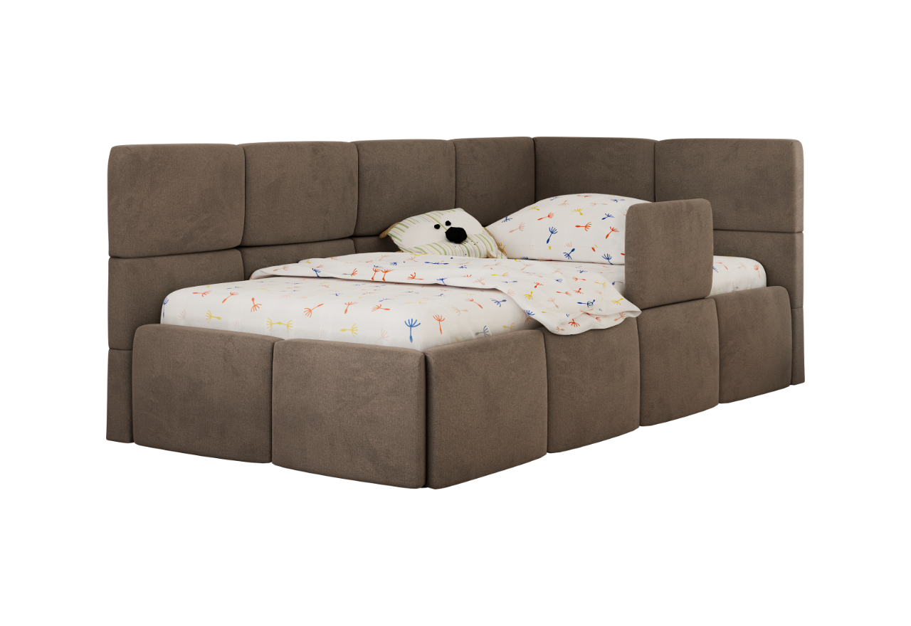 Łóżko dziecięce ARVO ALTA 90x200 - materac multipocket - brązowy, welwet - strona prawa