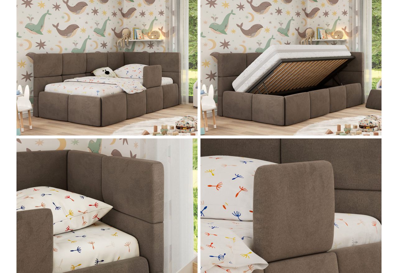 Łóżko dziecięce ARVO ALTA 90x200 - materac multipocket - brązowy, welwet - strona prawa