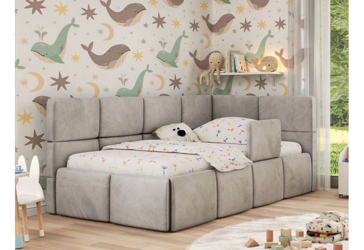 Łóżko dziecięce ARVO ALTA 90x200 - materac pocket - jasnoszary, welwet - strona prawa