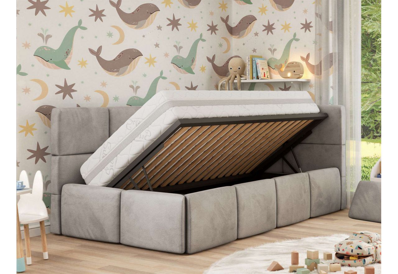 Łóżko dziecięce ARVO ALTA 90x200 - materac pocket - jasnoszary, welwet - strona prawa