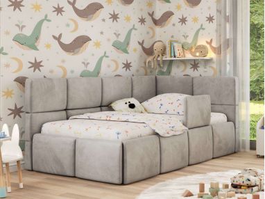 Łóżko dziecięce ARVO ALTA 90x200 - materac multipocket - jasnoszary, welwet - strona prawa