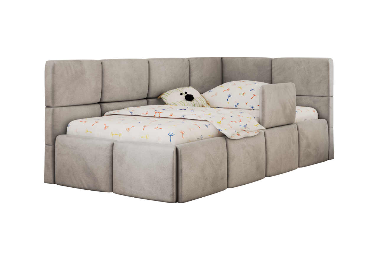 Łóżko dziecięce ARVO ALTA 90x200 - materac multipocket - jasnoszary, welwet - strona prawa