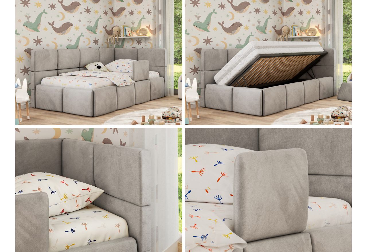 Łóżko dziecięce ARVO ALTA 90x200 - materac multipocket - jasnoszary, welwet - strona prawa