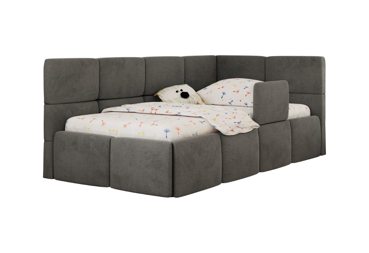 Łóżko dziecięce ARVO ALTA 90x200 - materac pocket - ciemnoszary, welwet - strona prawa