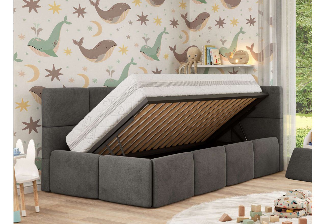 Łóżko dziecięce ARVO ALTA 90x200 - materac multipocket - ciemnoszary, welwet - strona prawa