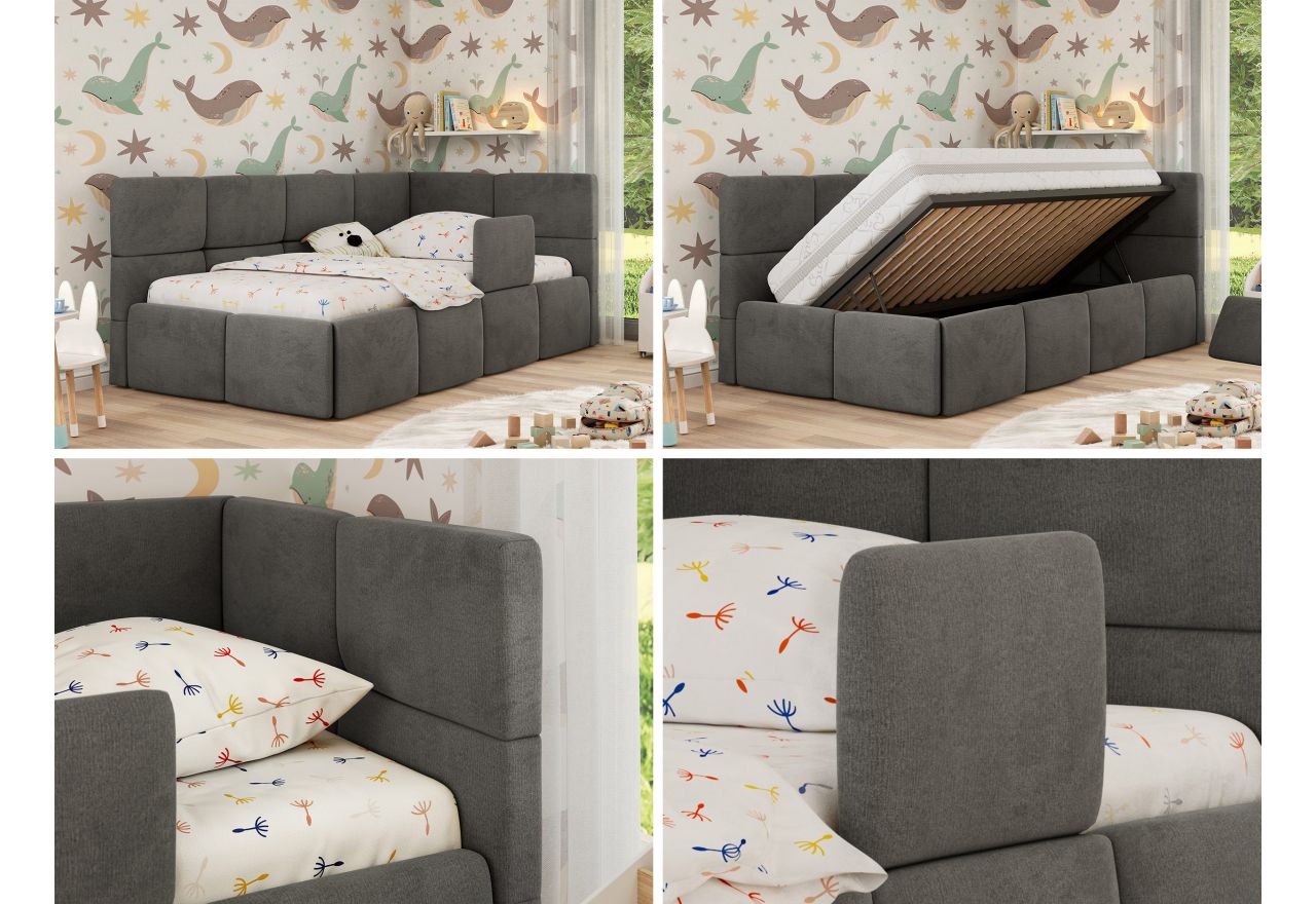 Łóżko dziecięce ARVO ALTA 90x200 - materac multipocket - ciemnoszary, welwet - strona prawa