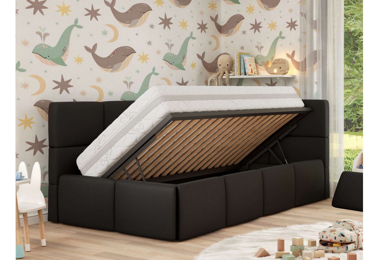 Łóżko dziecięce ARVO ALTA 90x200 - materac multipocket - czarny, ekoskóra - strona prawa