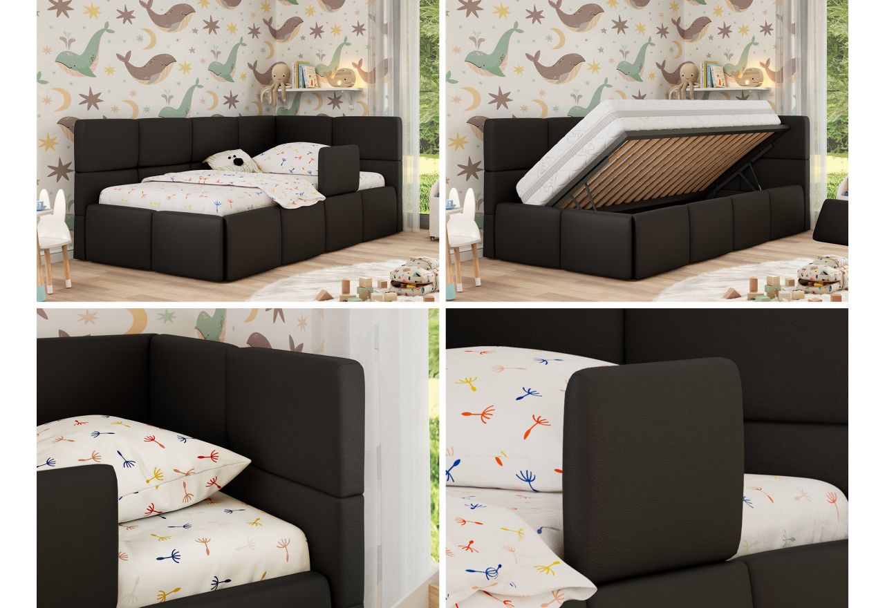 Łóżko dziecięce ARVO ALTA 90x200 - materac multipocket - czarny, ekoskóra - strona prawa