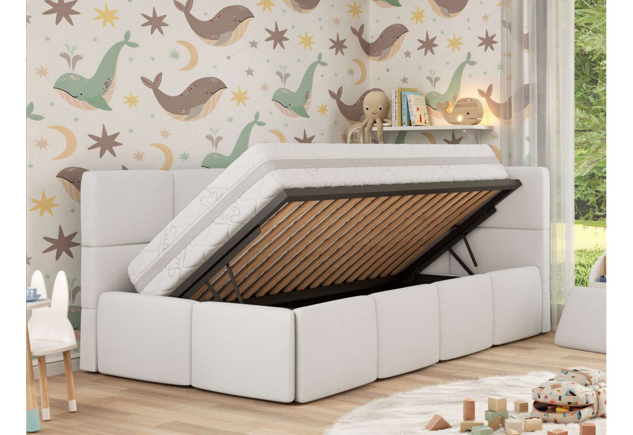 Łóżko dziecięce ARVO ALTA 90x200 - materac multipocket - biały, ekoskóra - strona prawa