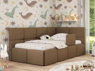 Łóżko dziecięce ARVO ALTA 90x200 - materac pocket - brązowy, ekoskóra - strona prawa