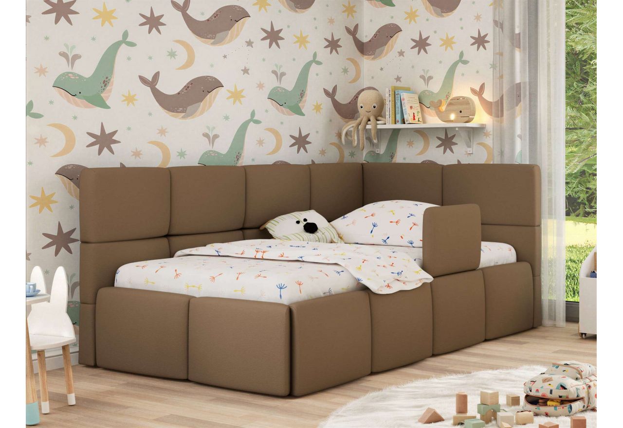 Łóżko dziecięce ARVO ALTA 90x200 - materac multipocket - brązowy, ekoskóra - strona prawa
