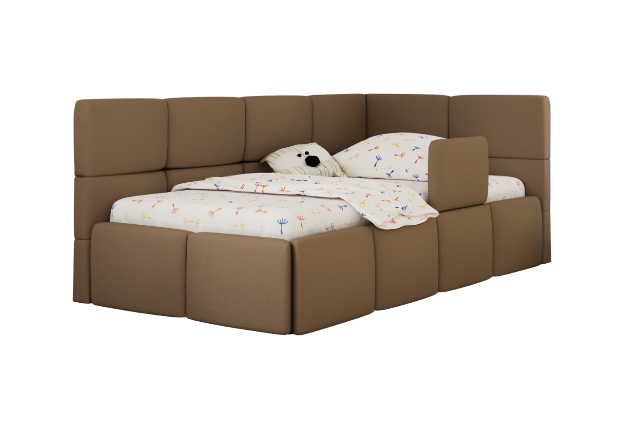 Łóżko dziecięce ARVO ALTA 90x200 - materac multipocket - brązowy, ekoskóra - strona prawa