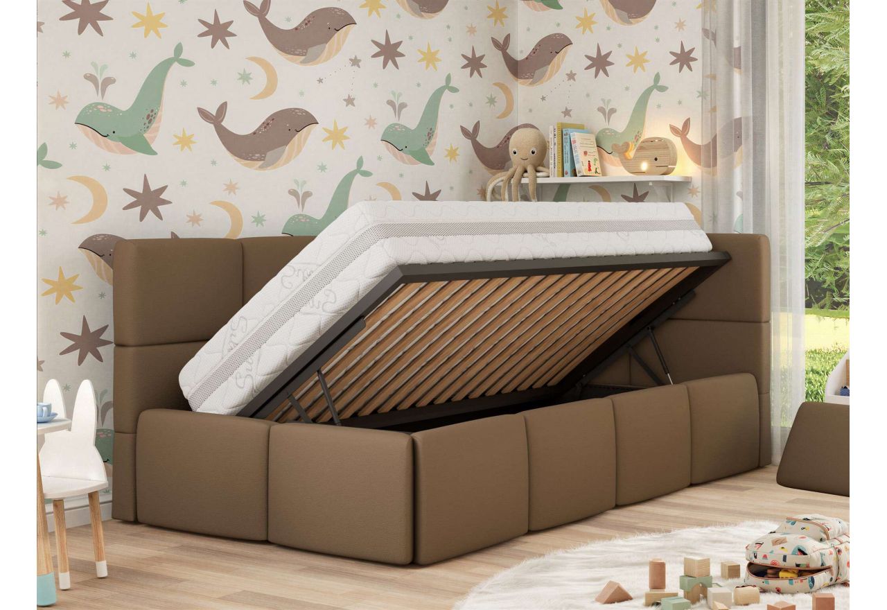 Łóżko dziecięce ARVO ALTA 90x200 - materac multipocket - brązowy, ekoskóra - strona prawa