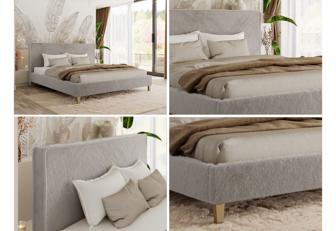Łóżko tapicerowane LUMARO CLASSIC 160x200 - materac pocket - jasnoszary, plusz