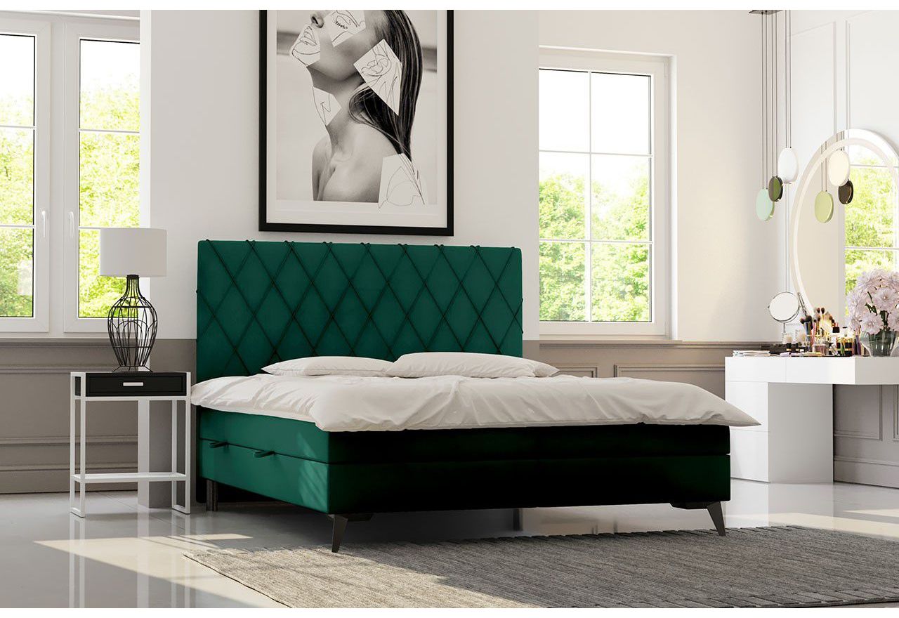 Butelkowozielone, welurowe łóżko kontynentalne z opcją pojemnika, MIRA 180x200 do nowoczesnej sypialni