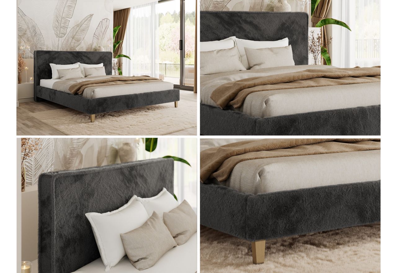 Łóżko tapicerowane LUMARO CLASSIC 180x200 - materac piankowy - ciemnoszary, plusz