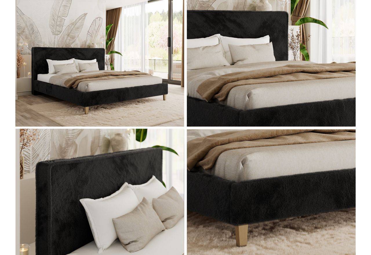 Łóżko tapicerowane LUMARO CLASSIC 140x200 - materac multipocket - czarny, plusz